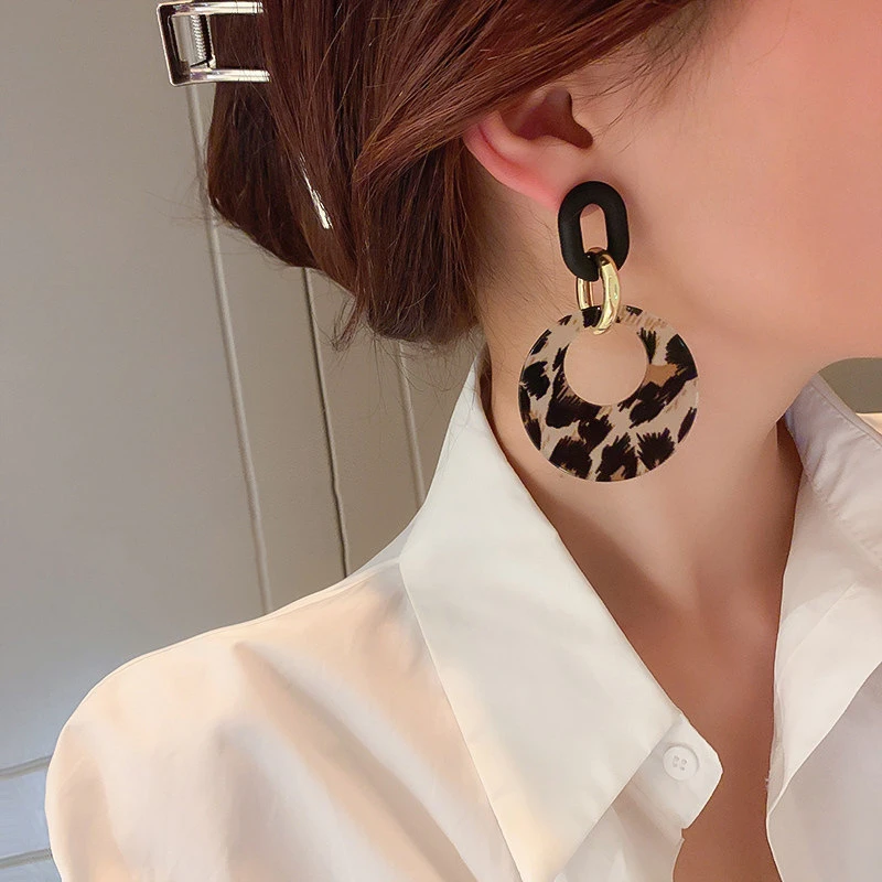 铜合金亚克力耳饰 夸张豹纹几何圆圈耳环气质高级大气时尚耳饰