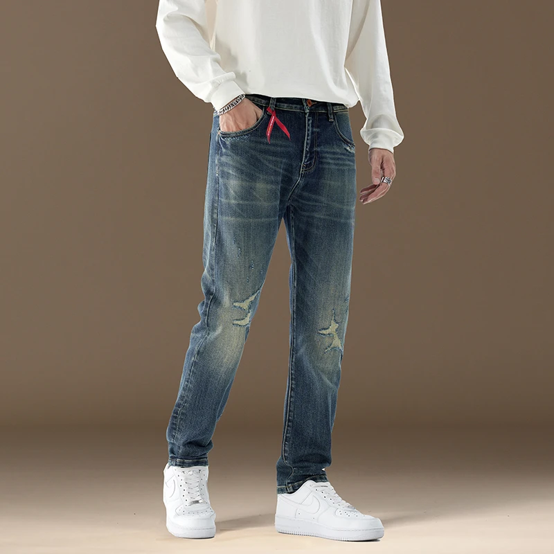 2025春季水洗破洞复古牛仔裤男款潮流休闲裤子时尚男士修身小直筒