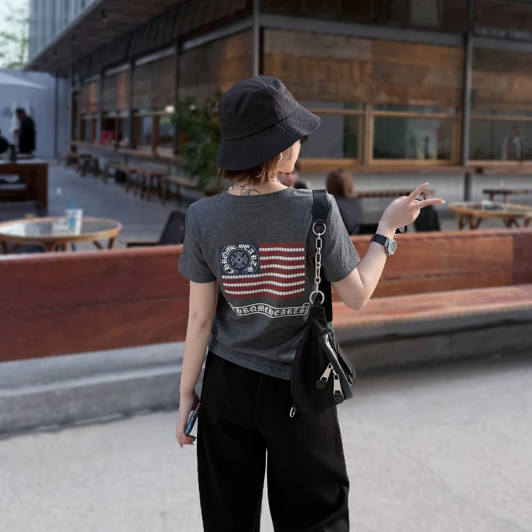 现货2【V领十字架】梵文印花夏季修身时尚显瘦百搭休闲T恤C328