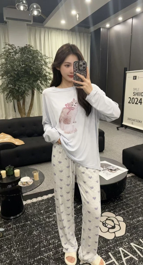 【爱心小猫-长袖款】新款高级潮牌莫代尔可外穿长袖居家服睡衣套装