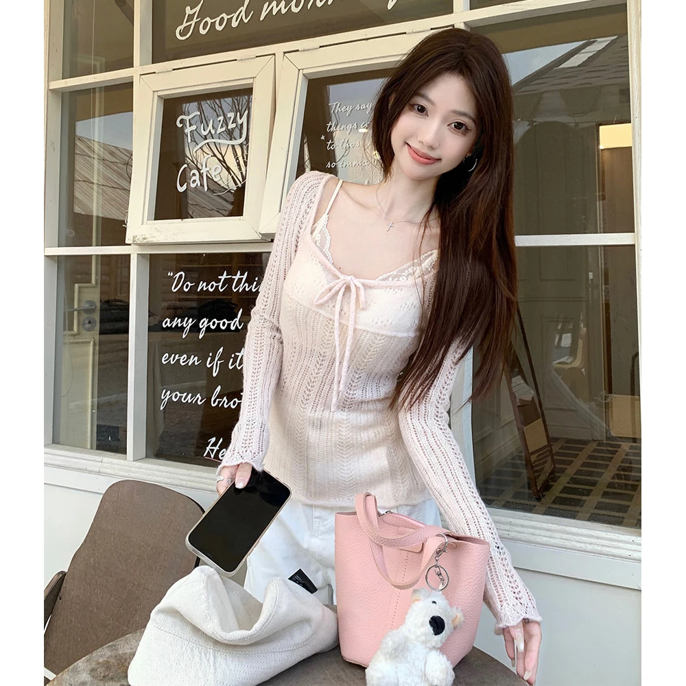 粉色镂空针织衫女早秋设计感薄款宽松外搭罩衫洋气显瘦小众上衣