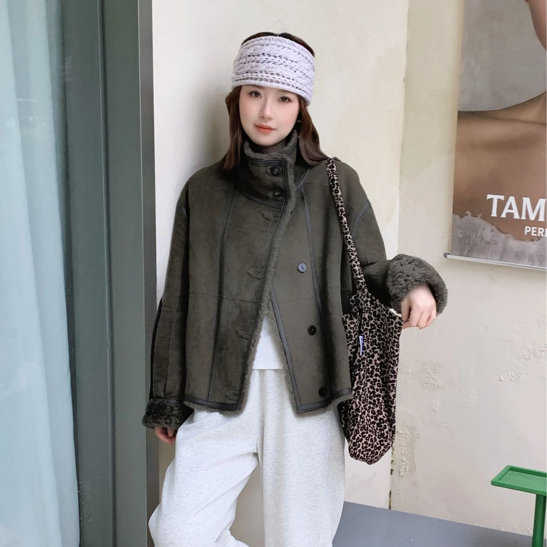 JIAY 迷踪绿绒面羊皮毛一体芭莎短款宽松冬季海宁真皮草外套女
