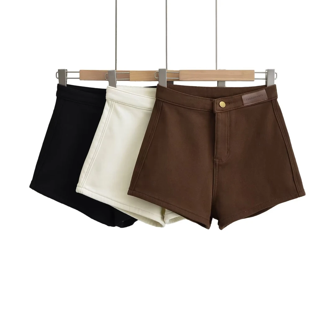 MY8008咖色加绒包臀牛仔短裤女秋冬新款高腰阔腿裤子外穿内搭靴裤