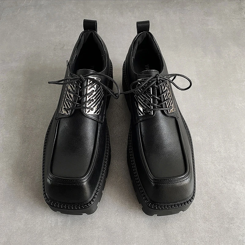 3112低帮休闲方头皮鞋百搭黑色真皮厚底英伦风系带韩版复古日系