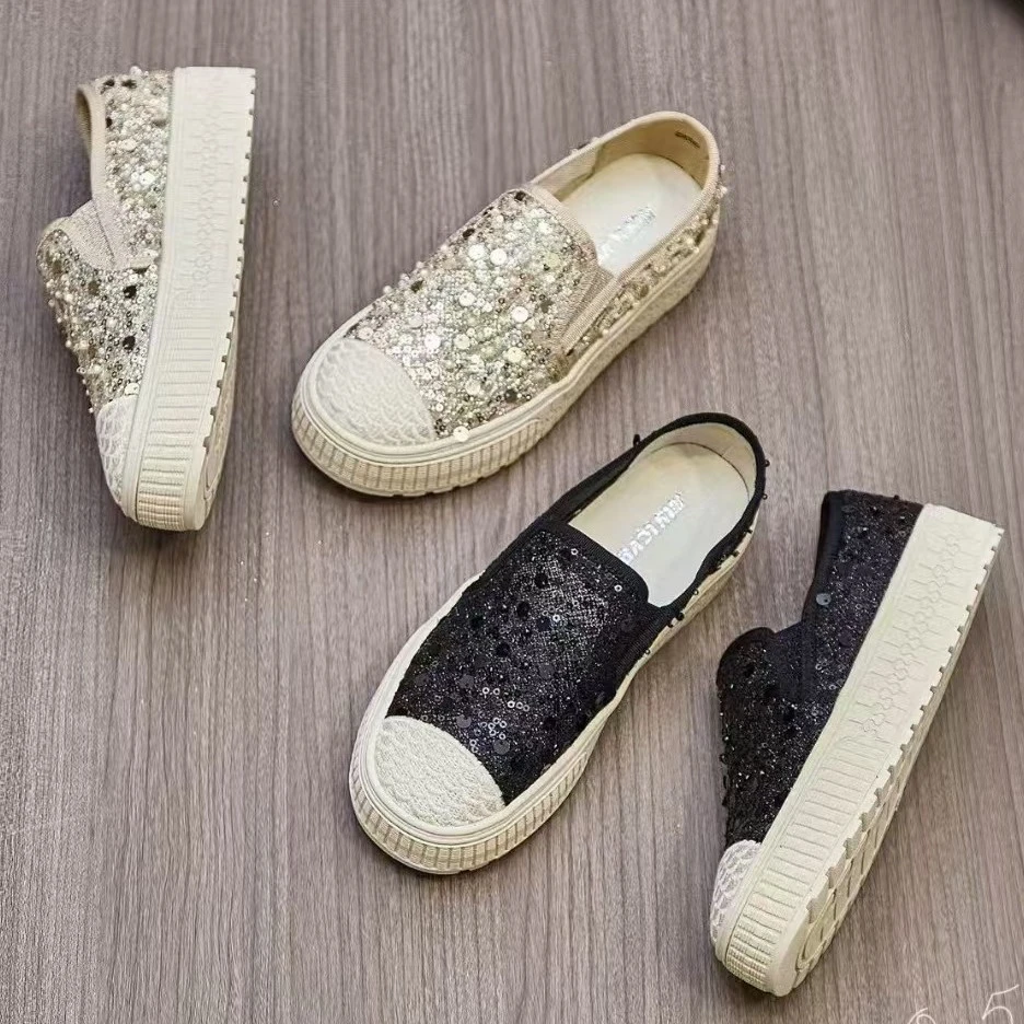 休闲厚底平跟乐福鞋中跟夏季透气帆布鞋小白鞋蕾丝