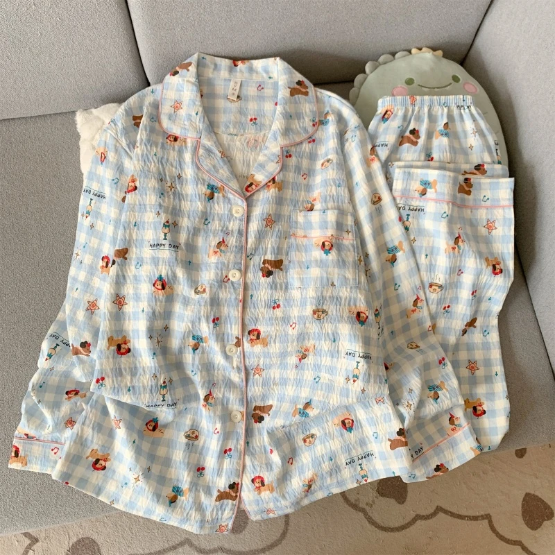 【云朵绵长袖上新】春秋季睡衣女甜美格子卡通家居服宽松大码可外穿