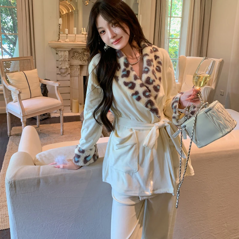 秋冬季纯欲豹纹收腰海岛绒保暖家居服女轻奢高级感可外穿睡衣套装
