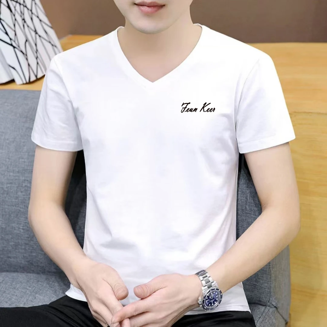 春夏季V领短袖t恤男款宽松百搭半袖男士休闲背心印花简约打底衫