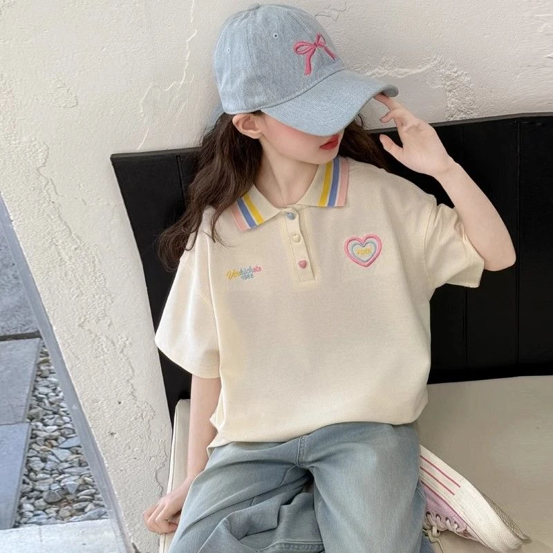 女童中大童短袖polo领t恤时髦洋气春夏薄款米色拼接爱心刺绣上衣