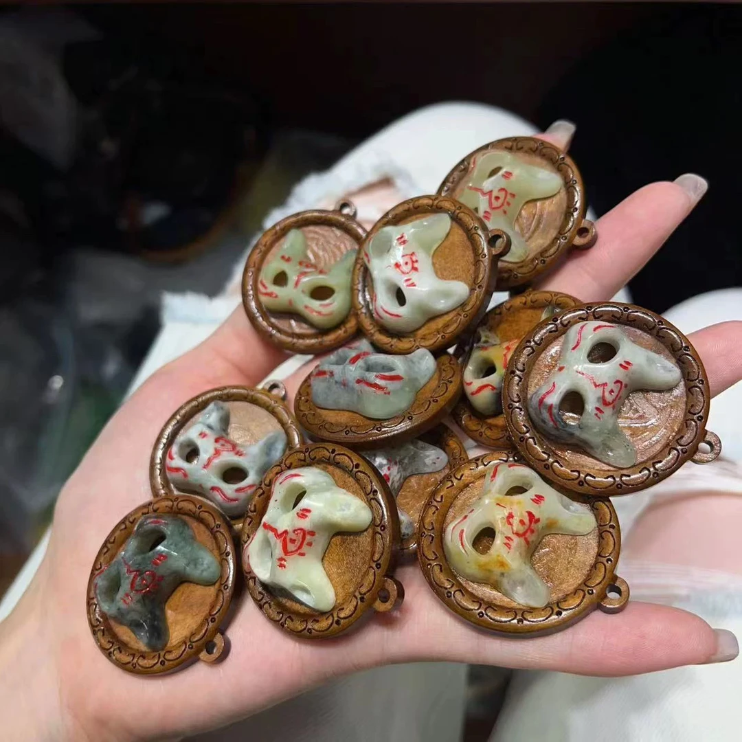 狐狸面具吊坠搭配胡桃木吊牌挂件配件