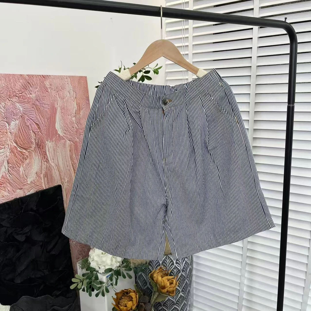 日系百搭条纹「松紧腰高腰百搭」夏日牛仔短裤女E5612