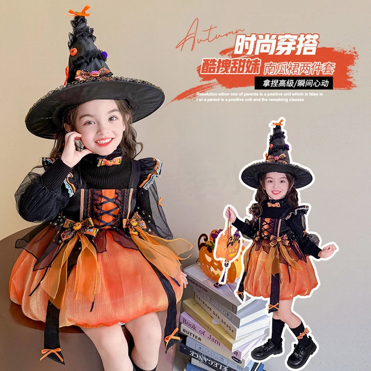 2025新款女童万圣节裙子套装儿童洛丽塔宝宝女巫cosplay连衣裙子