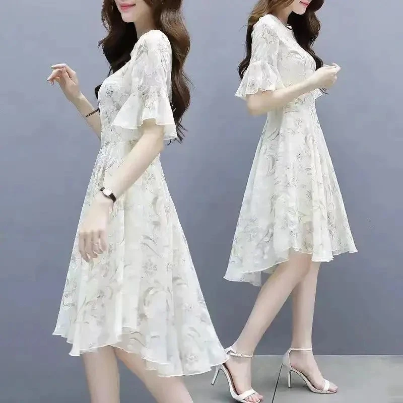 裙子女夏装小个子2024新款修身显瘦超仙女气质冰丝碎花遮肚连衣裙