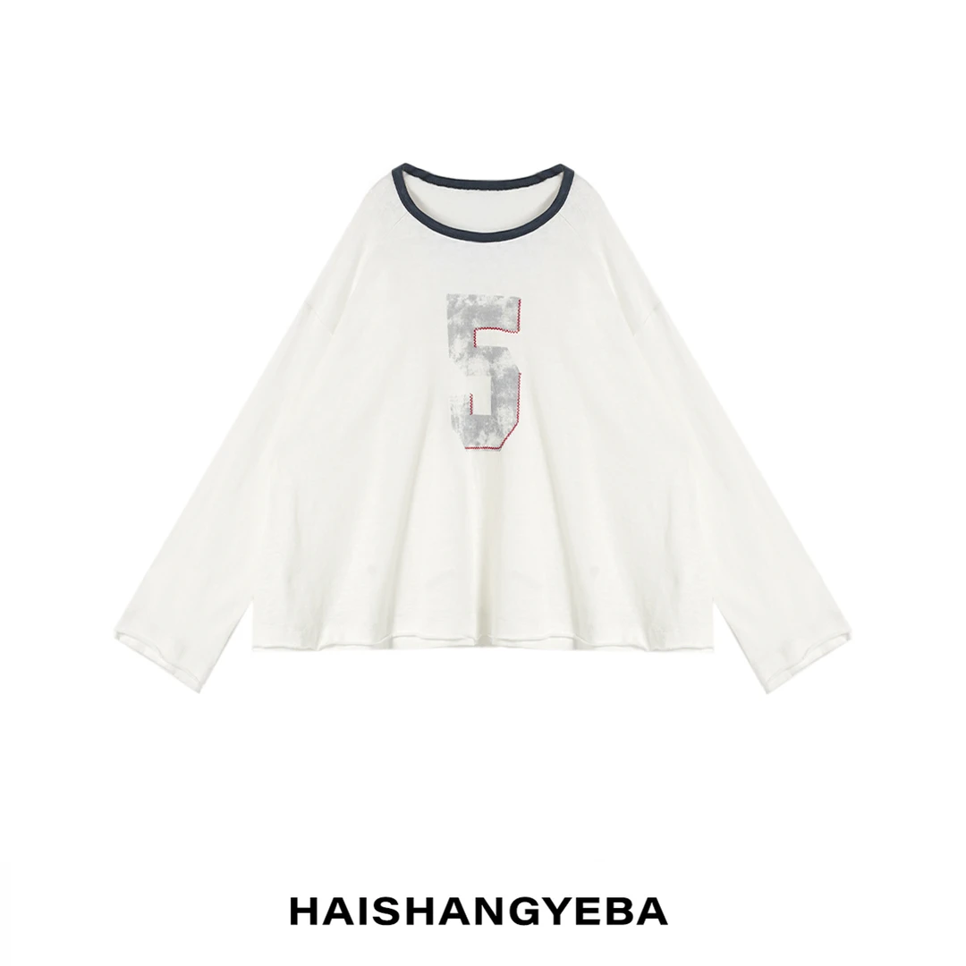 【海上叶爸】新款2025夏季百搭棉圆领慵懒休闲数字5短袖T恤