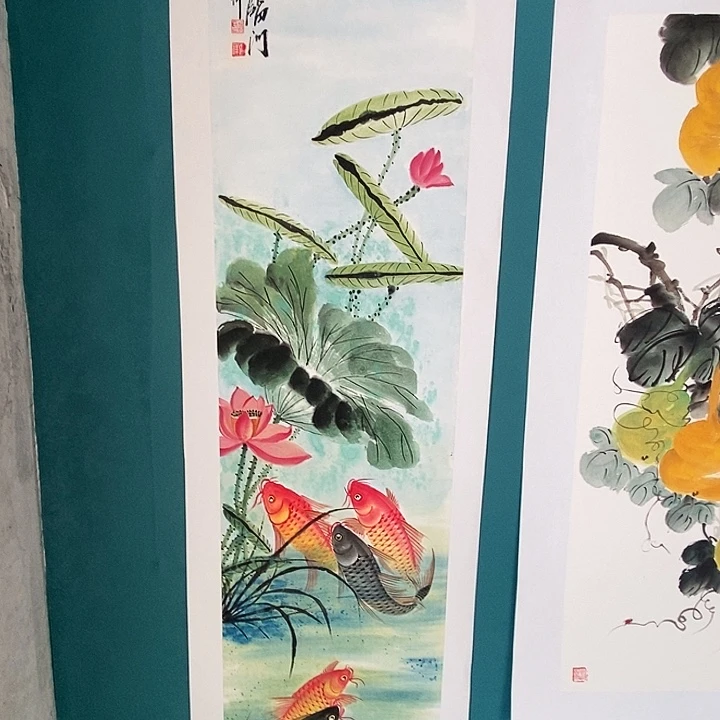 国画四尺对开手绘花鸟