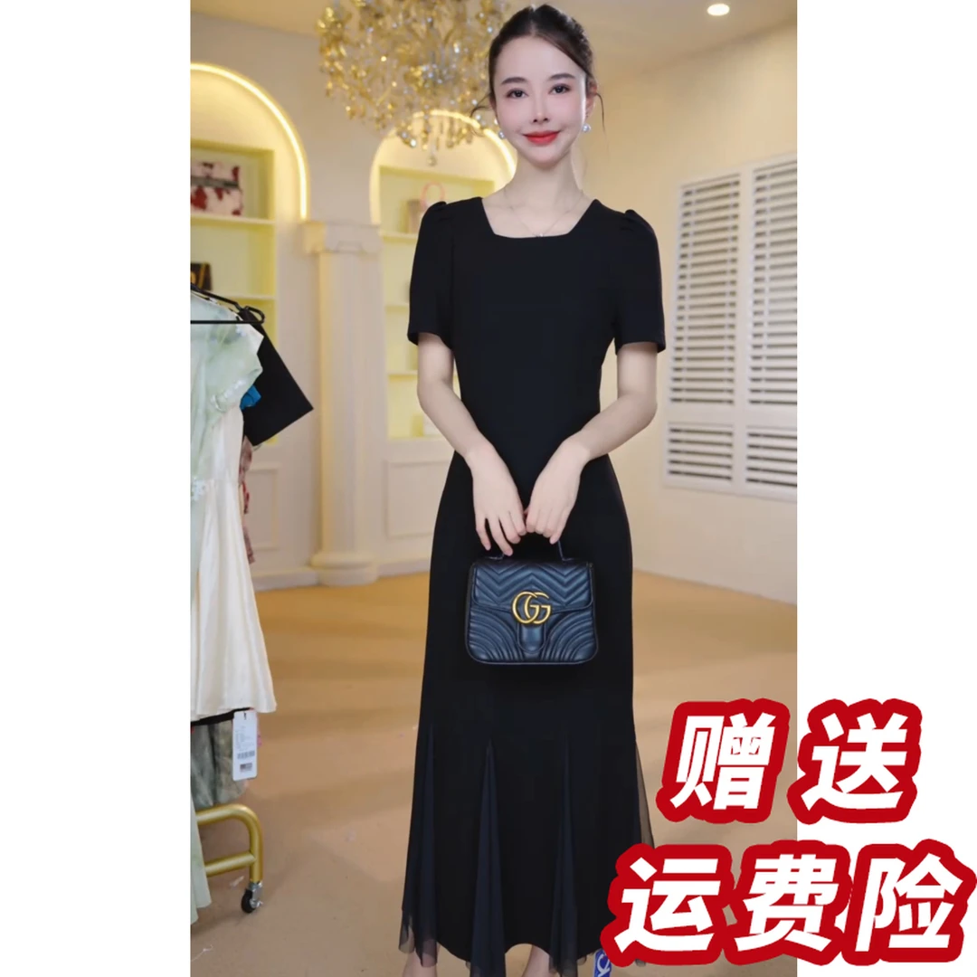 【赠送运费险】高端方领连衣裙女夏2025气质赫本风显瘦长裙J46261