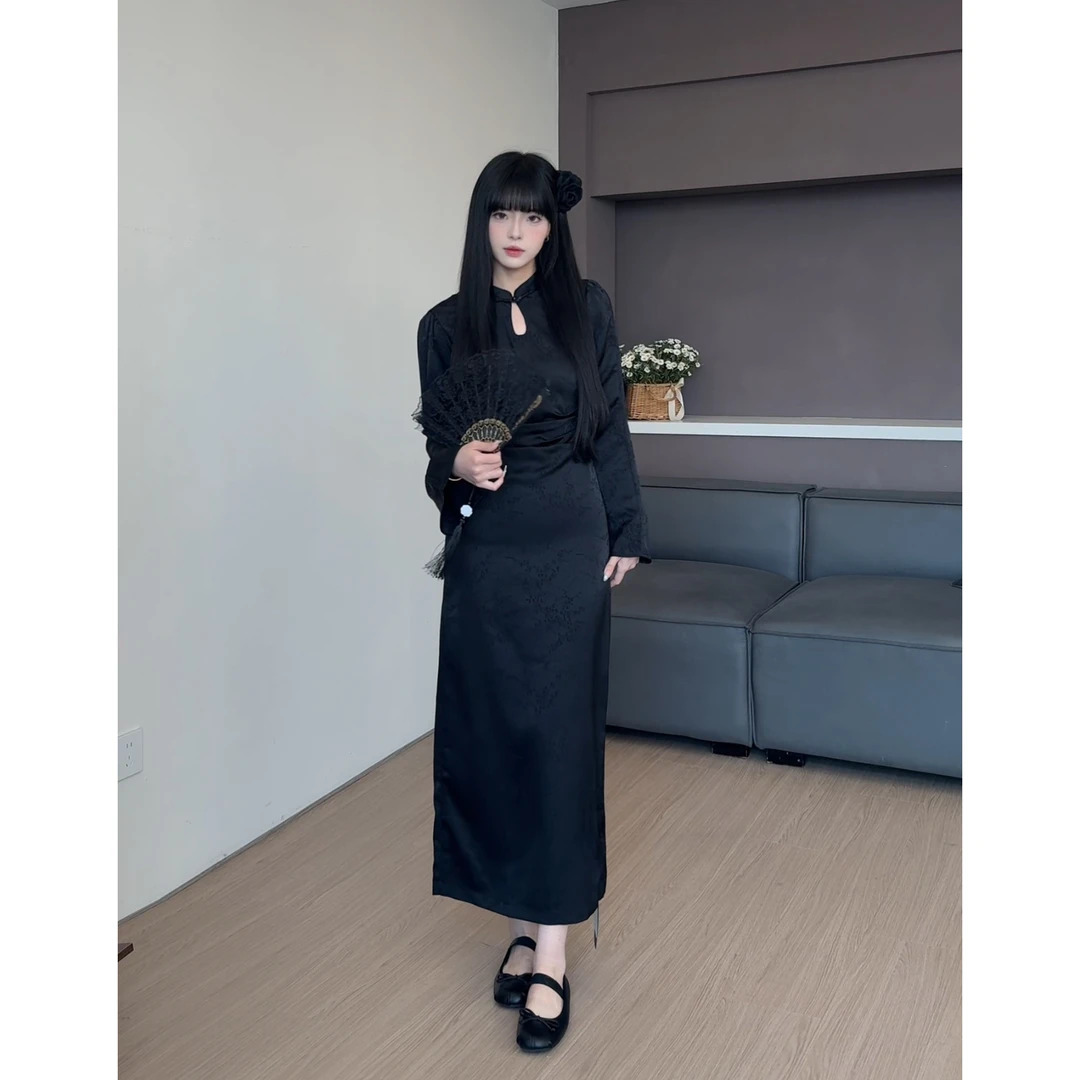 RICHINCHEESE 声声慢【长袖版】 重工提花旗袍连衣裙国风长款修身