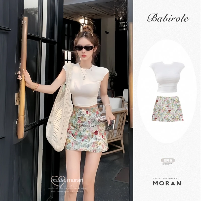 夏季辣妹穿搭一整套t恤修身上衣碎花包臀半身短裙两件套装小个子