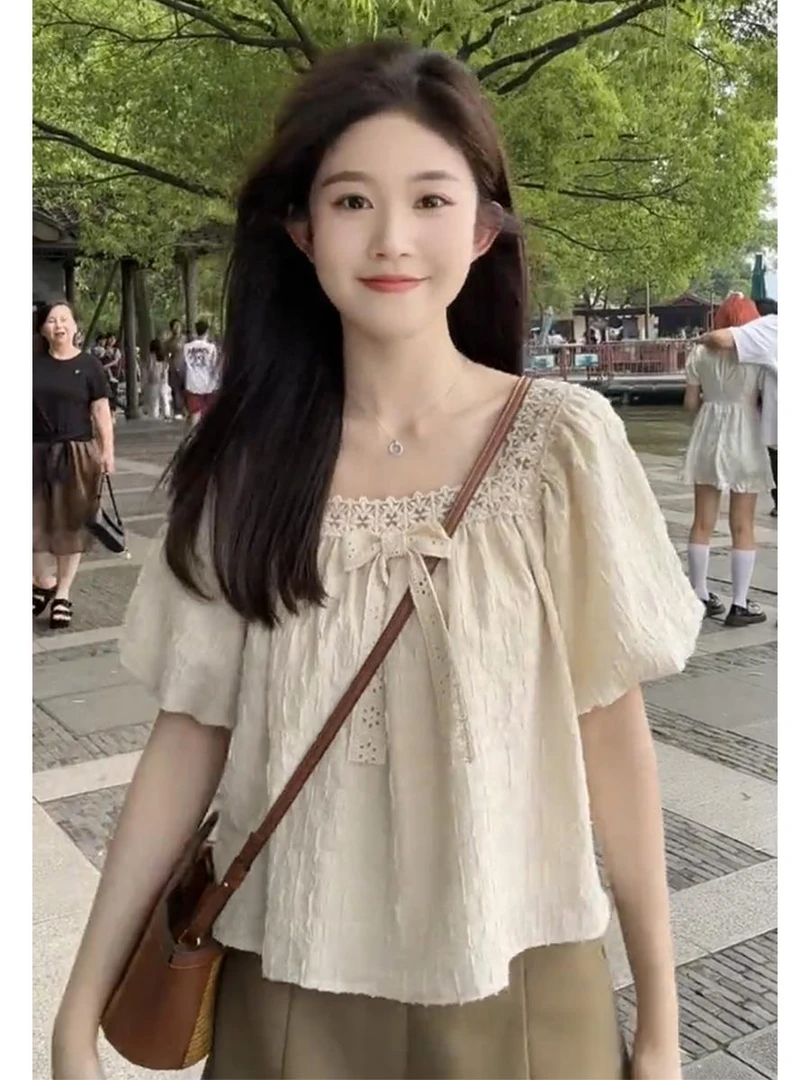 法式上衣衬衫夏季洋气小众娃娃衫蕾丝雪纺衫泡泡袖t恤多巴胺上衣