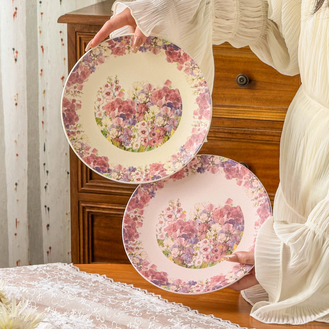 《华典》繁花似锦一粉一白—8.5英寸浅盘盘子磨砂陶瓷早餐盘2只