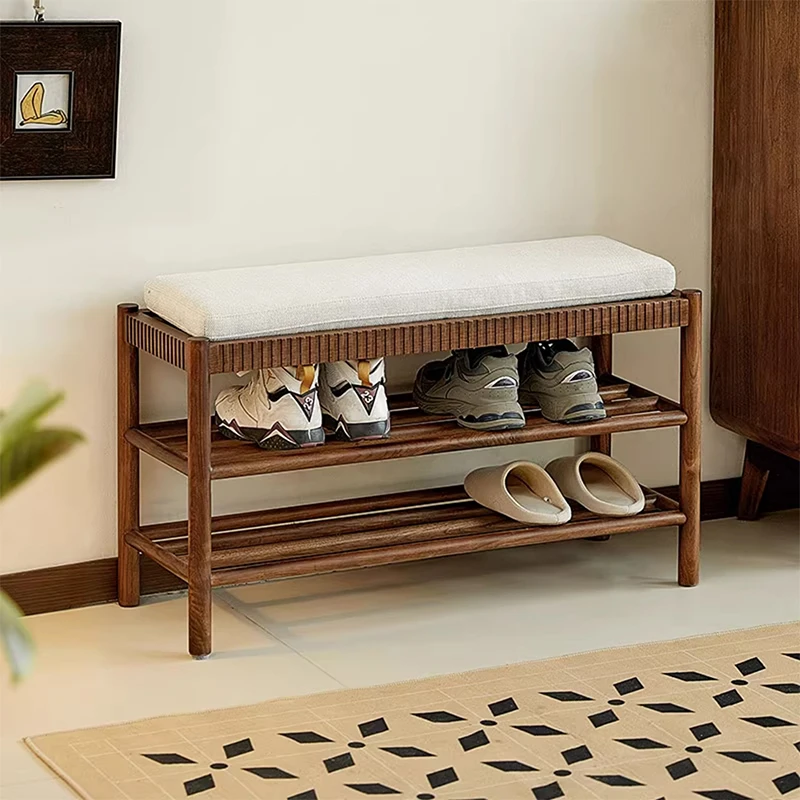 致典北美黑胡桃木竖琴换鞋凳落地式储藏鞋架简易家用玄关穿鞋凳