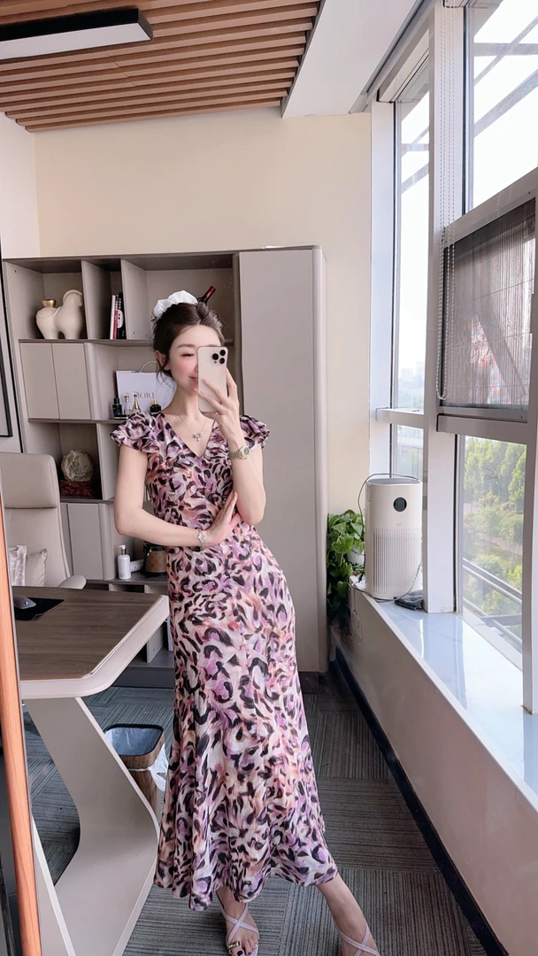 Remi[豹纹]双皱连衣裙长款复古连衣裙