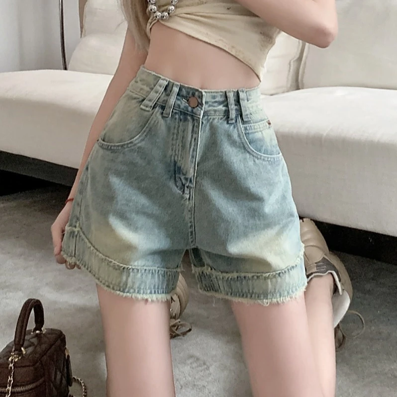 新款高腰A字裤短裤牛仔裤女装2025夏季气质设计感修身毛边热裤潮