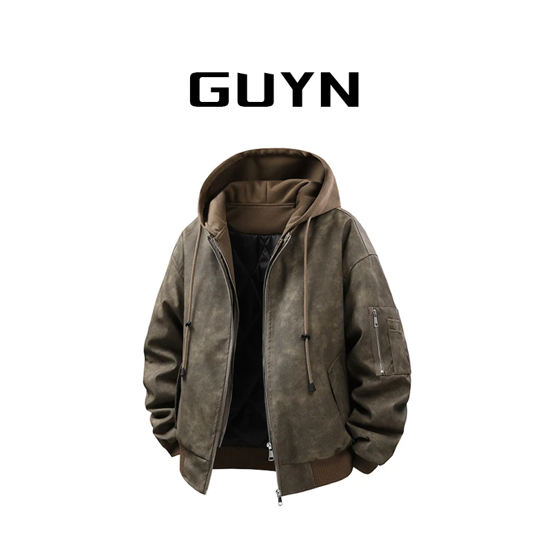 【品牌正品现货】GUYNPU皮棉衣外套男冬季保暖加棉连帽抗寒防风棉服