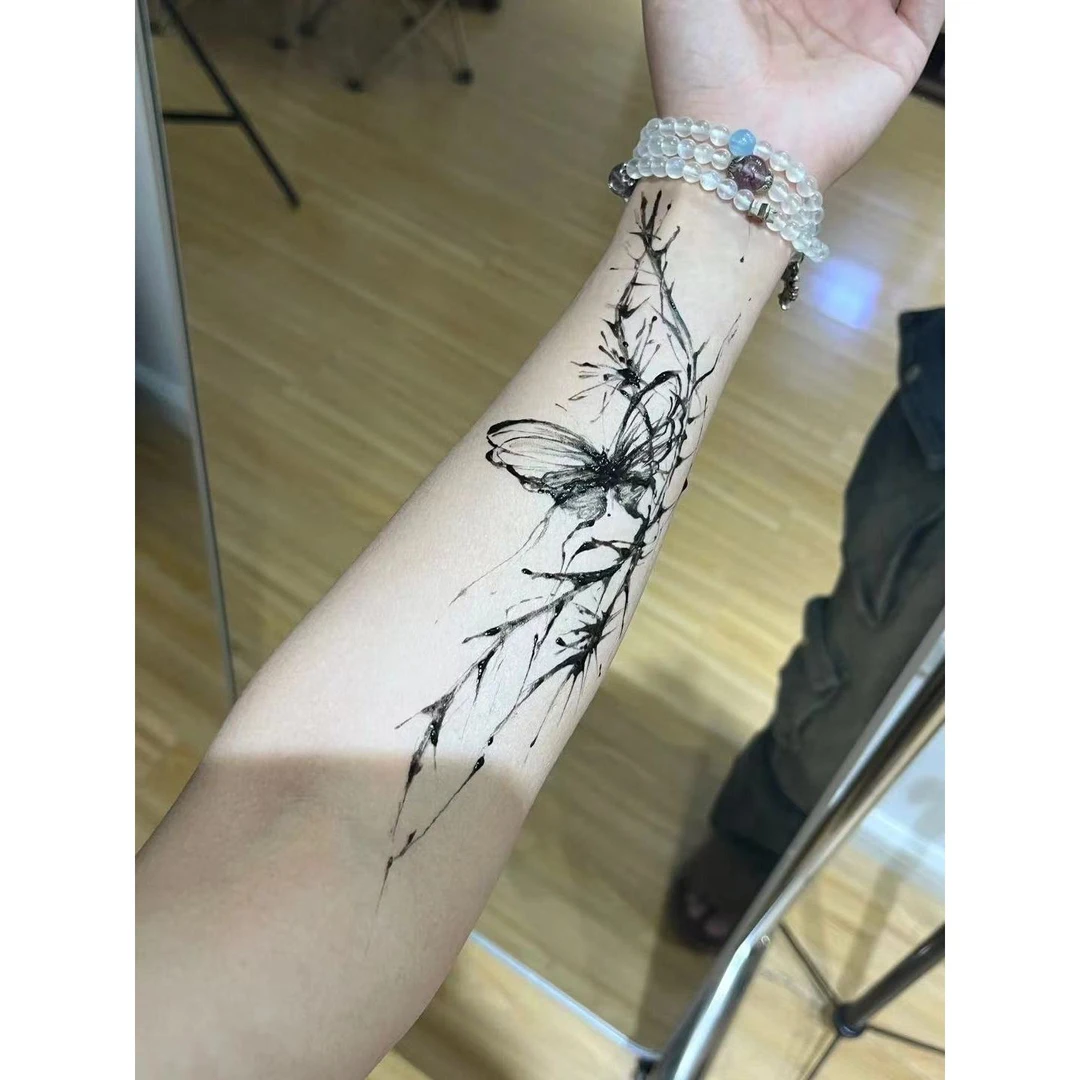 新款荆棘水墨蝴蝶纹身贴草本半永久纯欲ins风防水持久逼真高颜值