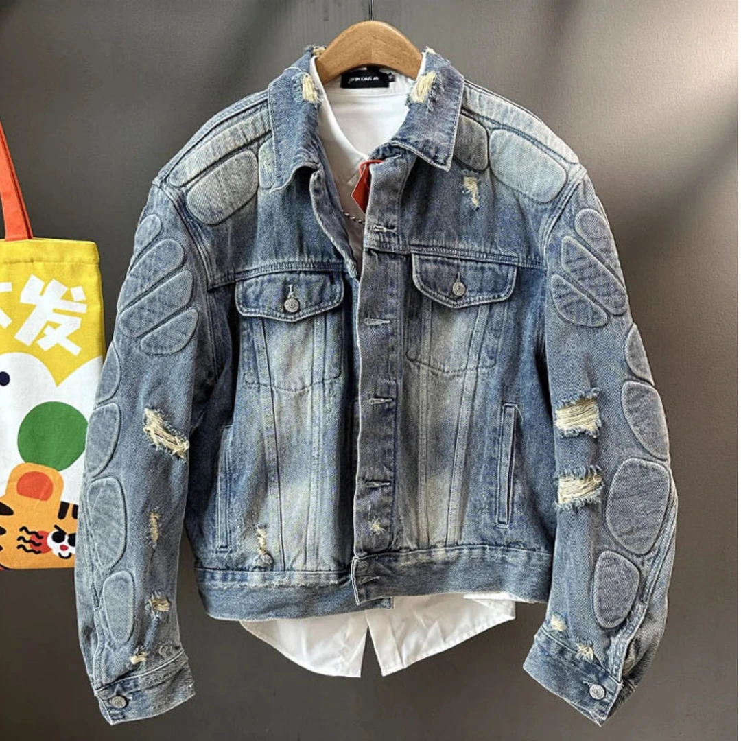 潮牌侃爷同款机车盔甲夹克美式高街水洗做旧短款破洞牛仔外套男
