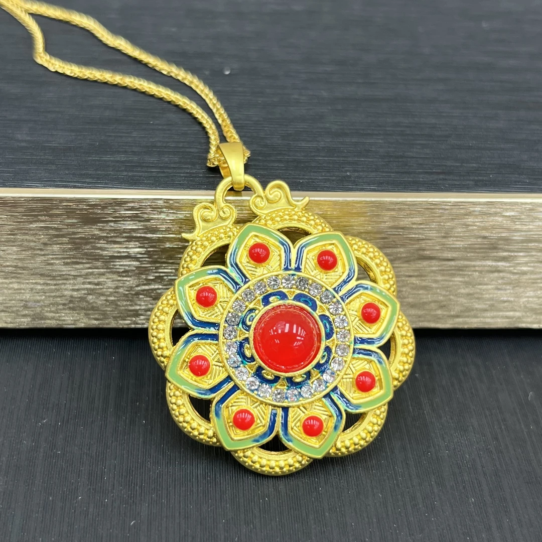 （七七甄选）时尚大气红莲花玛瑙吊坠合金镶嵌赠合金链