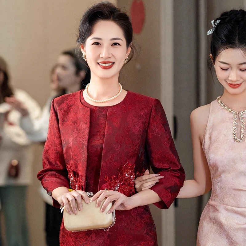 喜妈妈婚宴礼服结婚喜婆婆装两件套高贵年轻减龄款小个子中式礼服