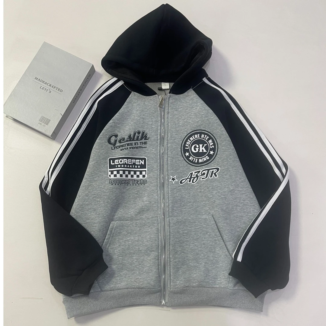 278美式高街三条杠加绒卫衣男青少年秋冬复古重磅插肩袖外套潮