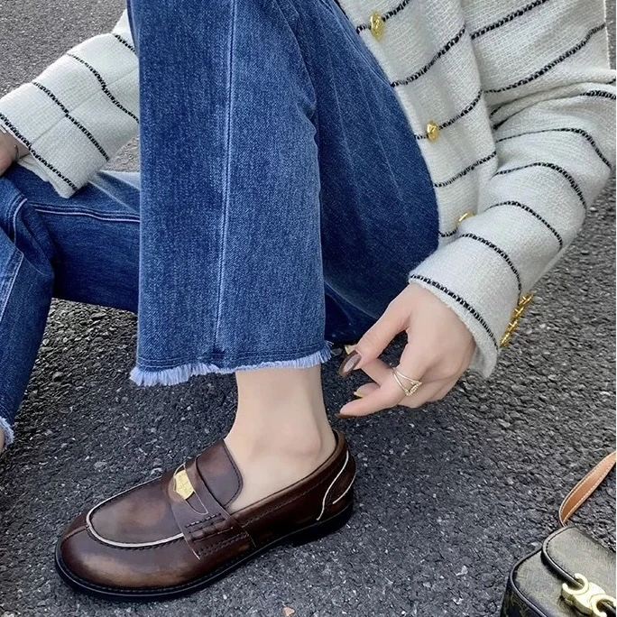 真皮擦色版~手工小金币粗跟厚底乐福单鞋女复古一脚蹬jk小皮鞋子