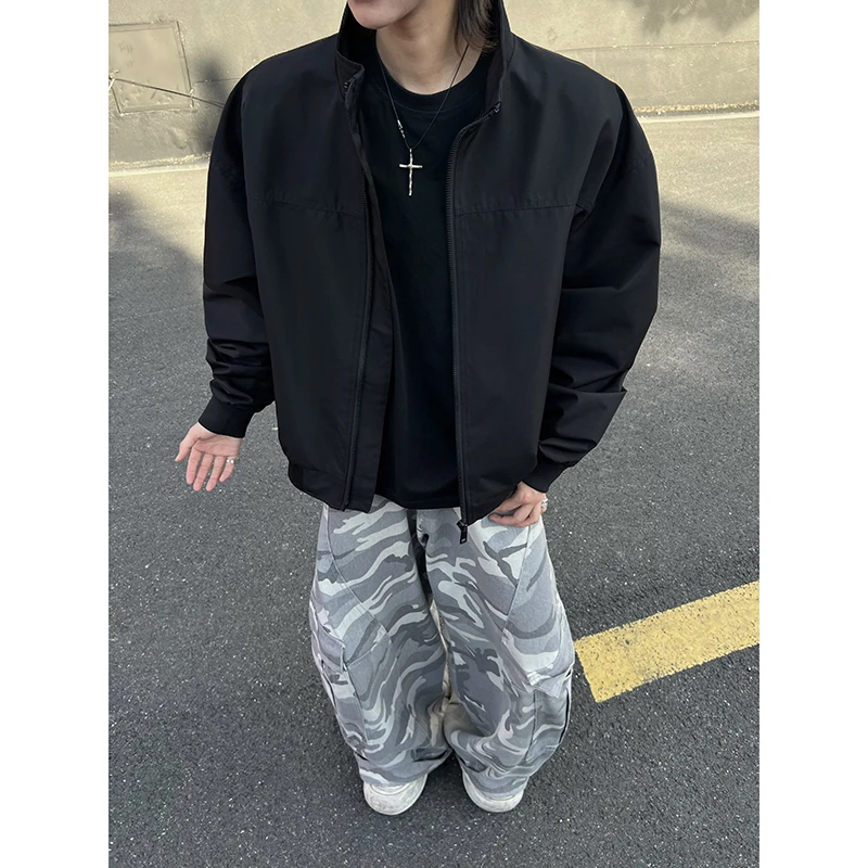 廓形短款美式机车外套男士秋季教练飞行员夹克立领潮牌软壳冲锋衣