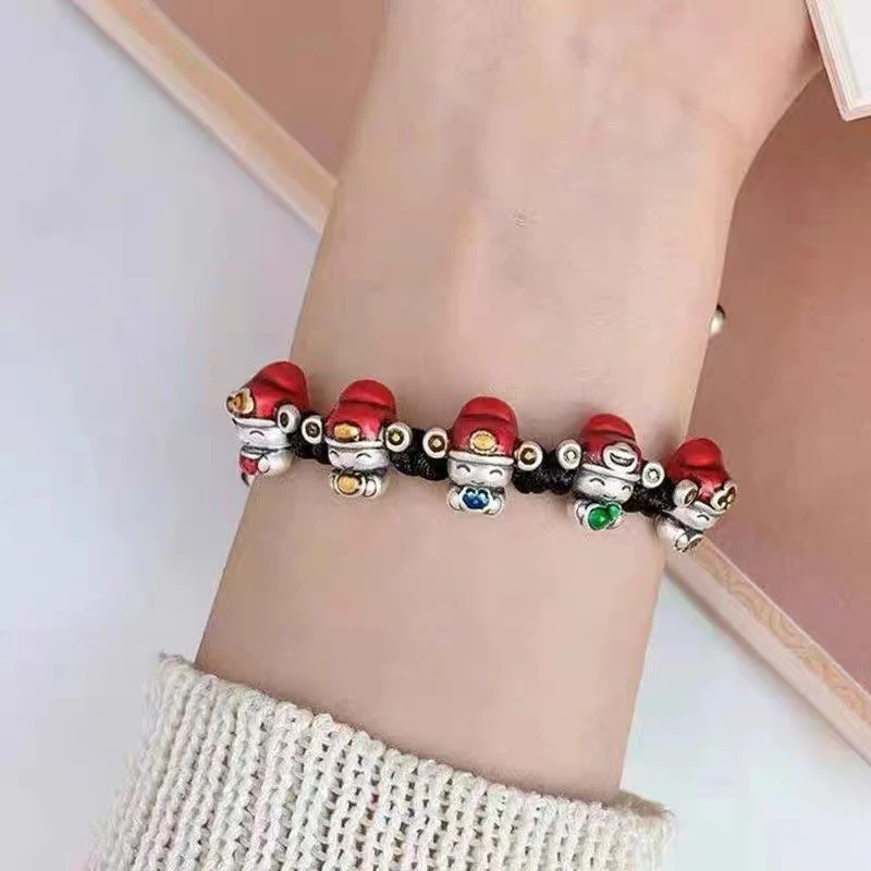 足银珐琅手链 【春晓老银匠】时尚珐琅彩情侣圣诞百搭财神手链