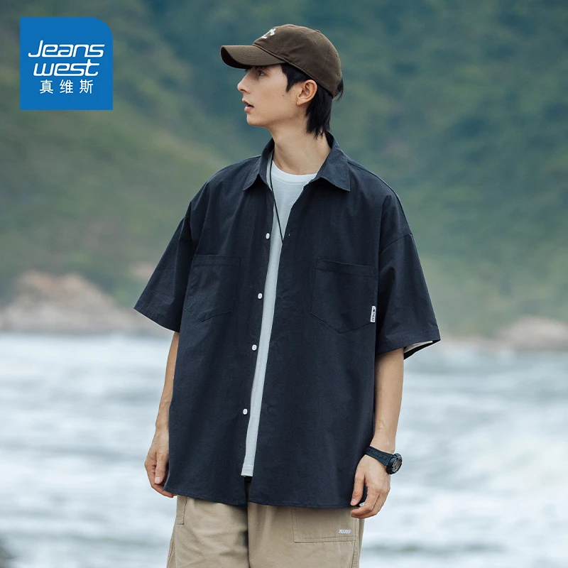Jeanswest/真维斯男士潮流百搭翻领短袖衬衫夏季宽松透气休闲外套