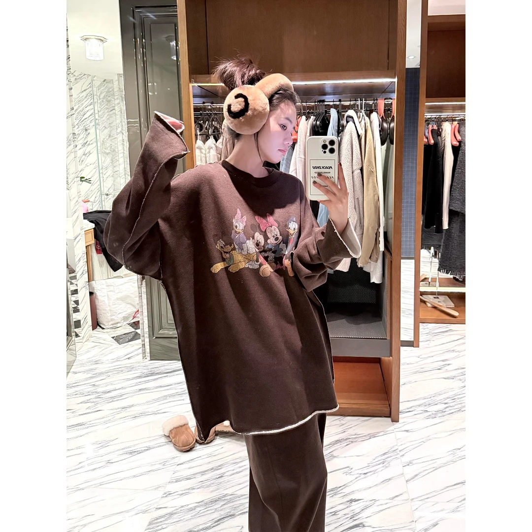 美式复古卡通米奇印花德绒睡衣女秋冬大码长袖长裤休闲家居服套装