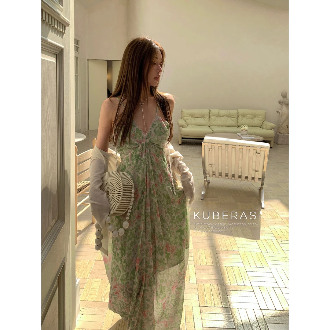 KUBERAS 高级感法式蕾丝边碎花收腰吊带连衣裙显瘦V领气质长裙