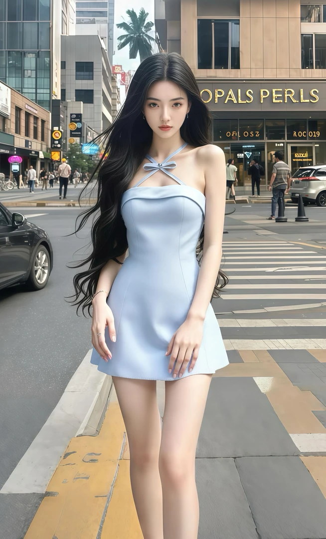 天空蓝小众挂脖吊带连衣裙时尚显瘦收腰新款夏季小清新高级感甜美