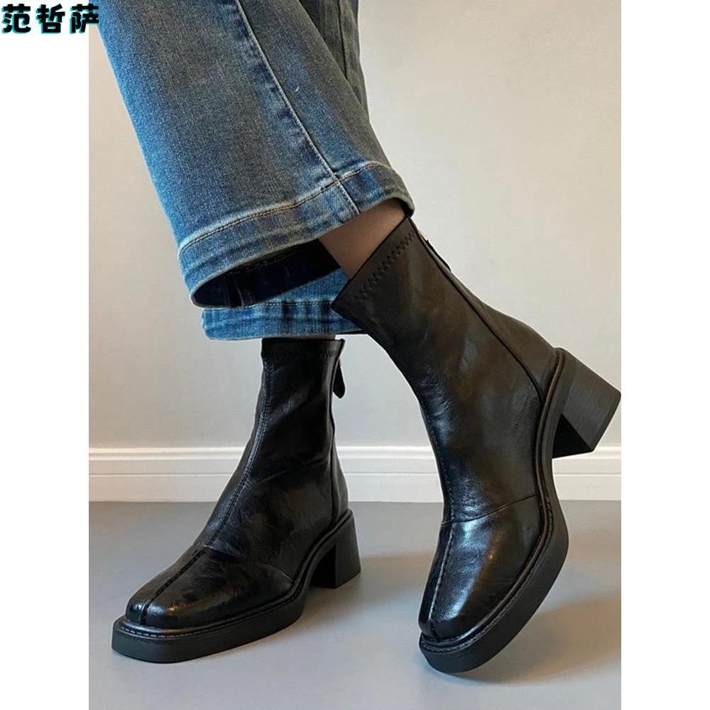 牛皮版~粗跟法式小短靴女2025新款早秋加绒高跟弹力瘦瘦切尔西靴