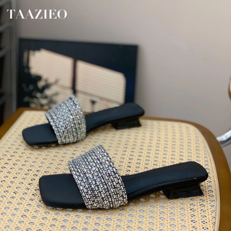 TAAZIEO仙女风一字拖女2025黑色韩版法式气质露趾水钻时尚低夏季