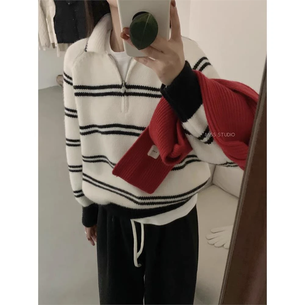 高级感短款长袖套头翻领毛衣女春秋宽松新款半拉链百搭针织衫上衣