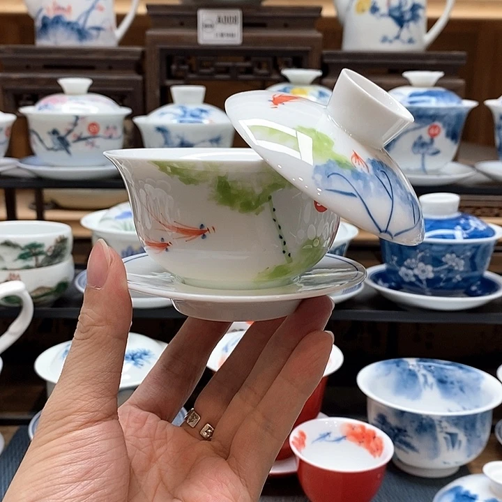 手绘五彩荷花悬停盖碗150cc釉下彩微瑕福利款