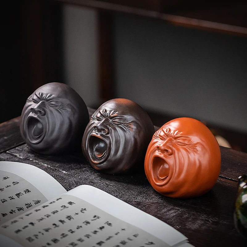 紫砂茶宠摆件打哈欠人头像精品可养搞怪表情茶玩茶具茶桌丑萌