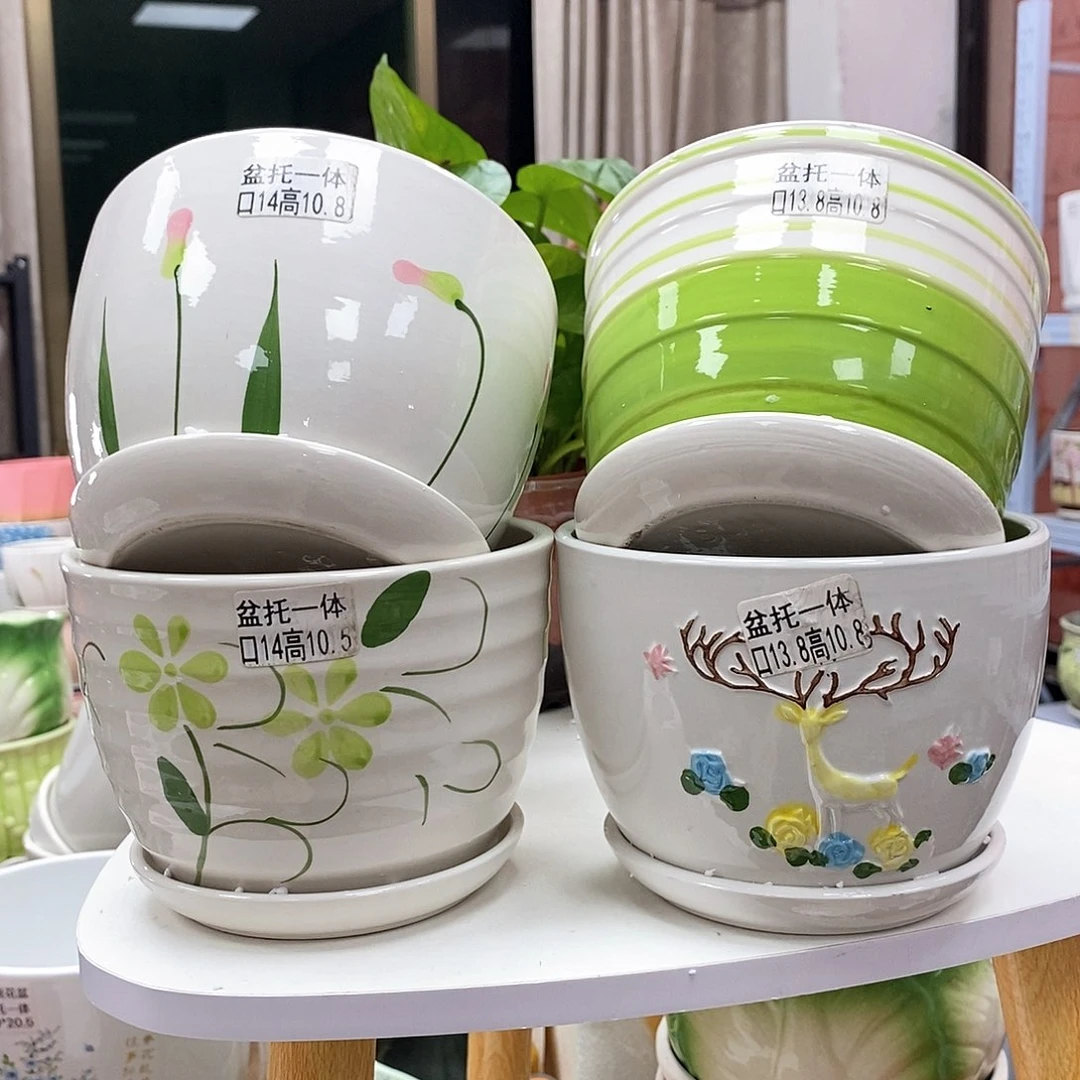 陶瓷@陶瓷花盆@@四个手绘