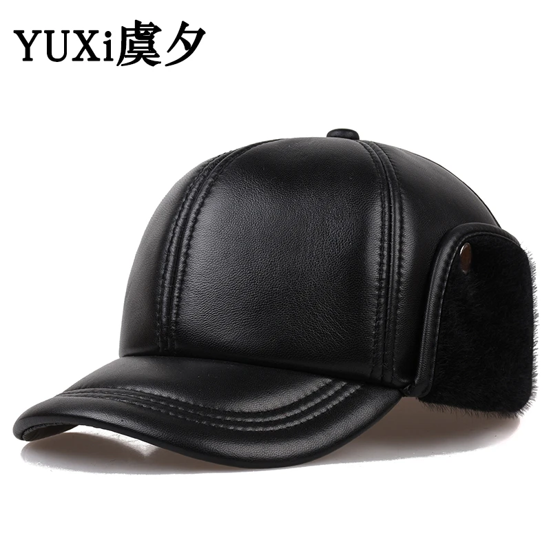 中老年真皮帽子男冬天保暖加厚老人帽爷爷爸爸羊皮护耳老头棒球帽