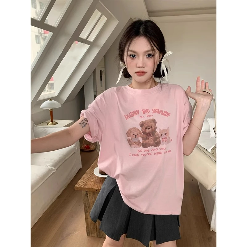 复古小熊字母印花短袖T恤女2025新款夏季宽松百搭圆领白色打底衫