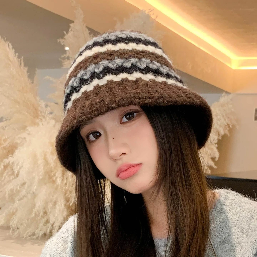 撞色毛绒渔夫帽女秋冬季日系显脸小针织水桶帽韩版大头围毛线帽潮