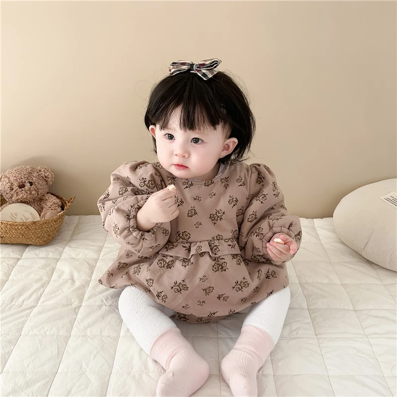 6710秋冬款宝宝衣服冬装女婴儿长袖碎花加绒加厚包屁衣爬服